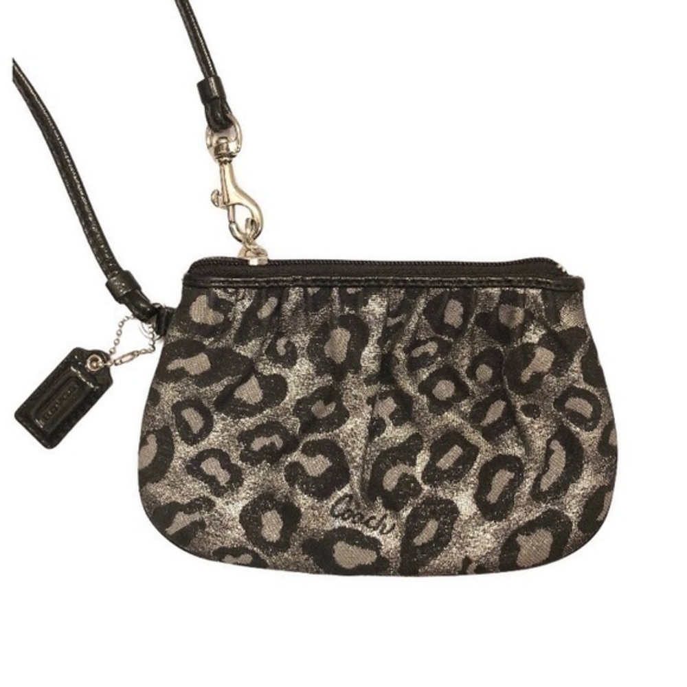 Coach black leopard wristlet metallic silver gray